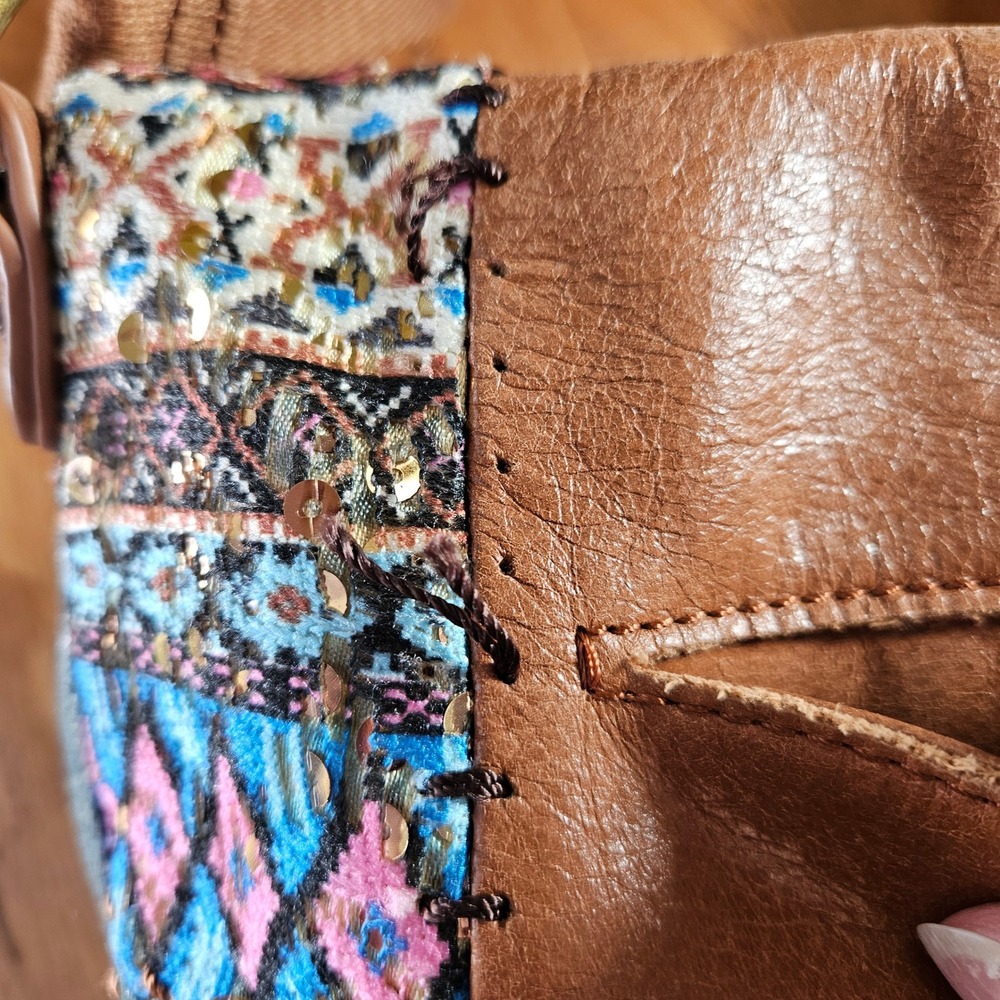 The Sak Leather Crossbody Bag Patchwork Brown Turquoise Sequin Boho Purse - Picture 3 of 14
